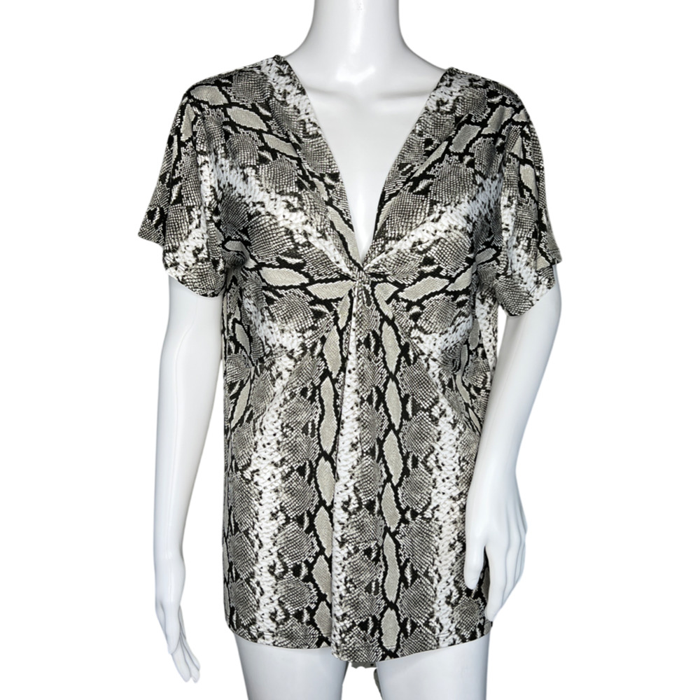 Ellen Tracy Shirt Womens Large Gray Black Snake Print‎ Twist Front Rocker Edgy